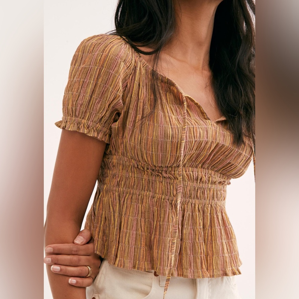 FREE PEOPLE Vivi women's top with striped ruching puffed sleeves